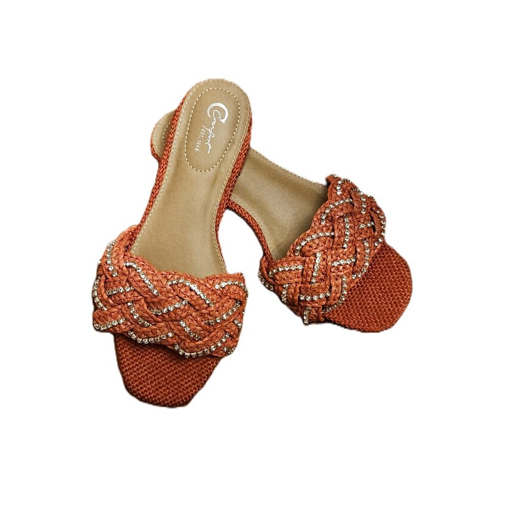 Comfort Orange Braided Rhinestone Slide Sandals - Size 8 EUC